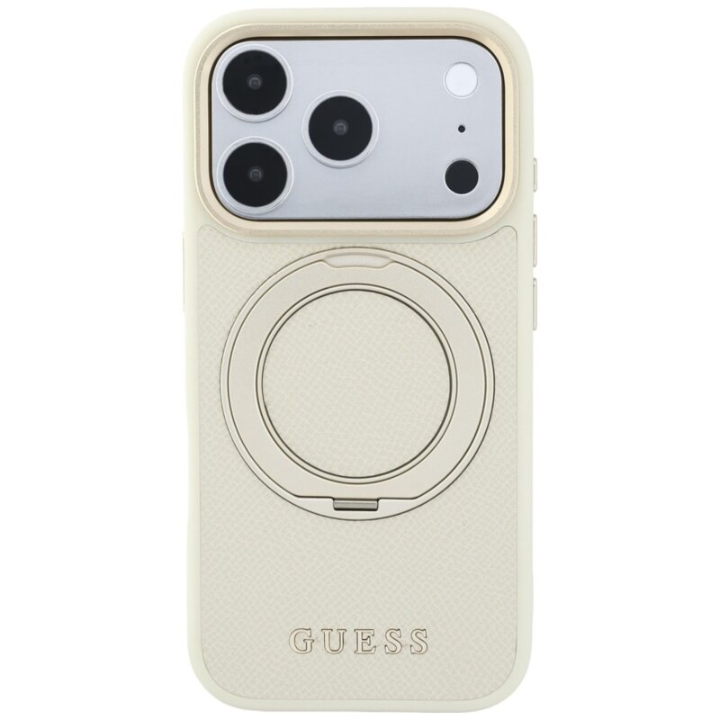 Husa iPhone 17 Pro Max Guess Grained Leather Ring Stand 360 Classic MagSafe, bej, GUHMP18X6PSGRSCLE