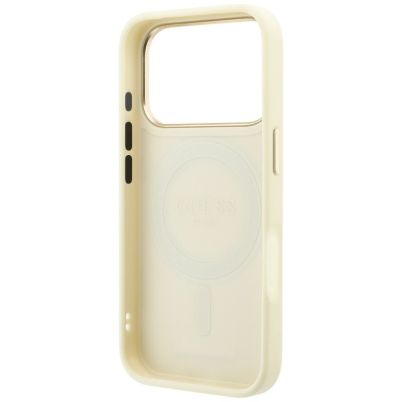 Husa iPhone 17 Pro Max Guess Grained Leather Ring Stand 360 Classic MagSafe, bej, GUHMP18X6PSGRSCLE