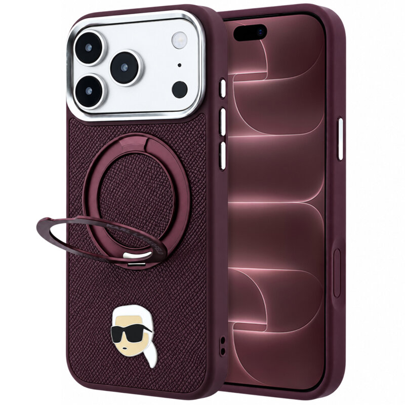 Husa iPhone 18 Pro Max Karl Lagerfeld Leather Ring Stand 360 K Pin MagSafe, bordo, KLHMP18XPSRSKLHR