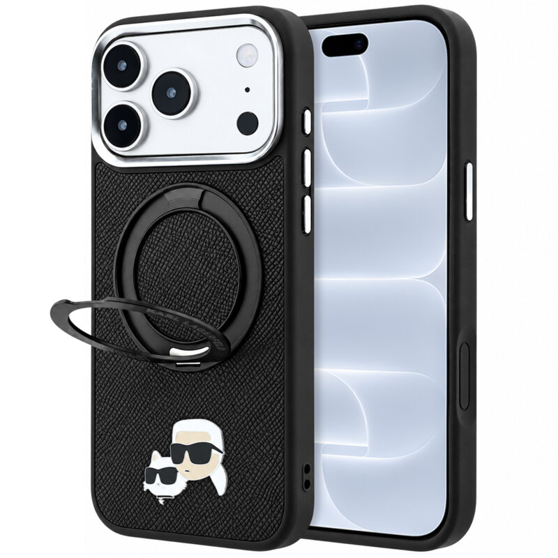 Husa iPhone 18 Pro Karl Lagerfeld Leather Ring Stand 360 KC Pin MagSafe, negru, KLHMP18LPSRSKCHK