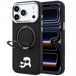 Husa iPhone 17 Pro Karl Lagerfeld Leather Ring Stand 360 KC Pin MagSafe, negru, KLHMP18LPSRSKCHK