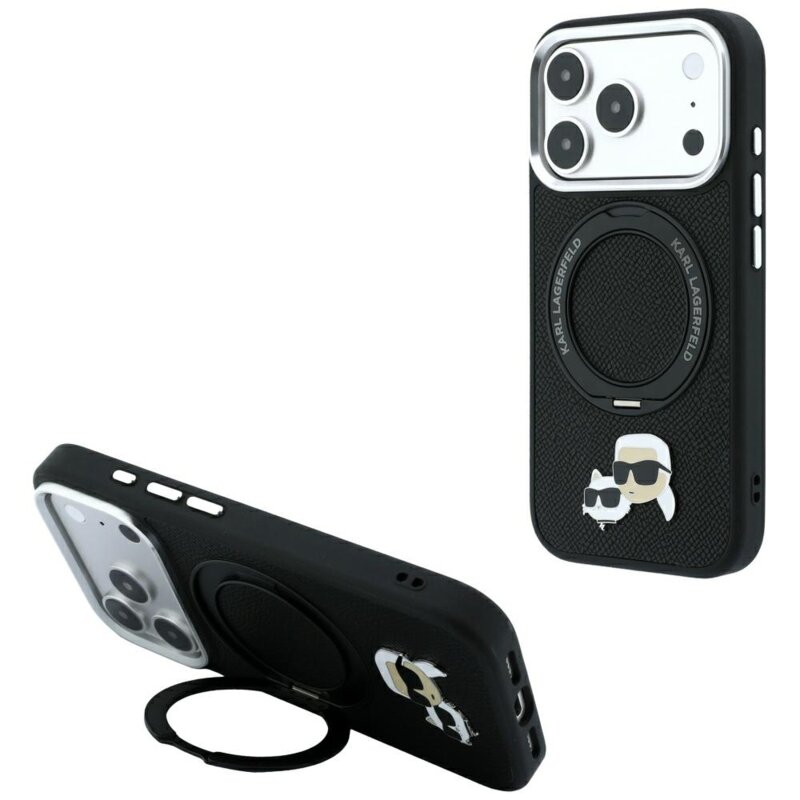Husa iPhone 17 Pro Karl Lagerfeld Leather Ring Stand 360 KC Pin MagSafe, negru, KLHMP18LPSRSKCHK