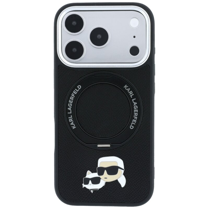 Husa iPhone 17 Pro Karl Lagerfeld Leather Ring Stand 360 KC Pin MagSafe, negru, KLHMP18LPSRSKCHK
