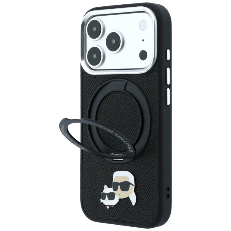 Husa iPhone 17 Pro Karl Lagerfeld Leather Ring Stand 360 KC Pin MagSafe, negru, KLHMP18LPSRSKCHK