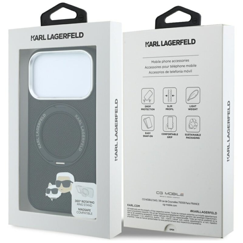 Husa iPhone 17 Pro Karl Lagerfeld Leather Ring Stand 360 KC Pin MagSafe, negru, KLHMP18LPSRSKCHK