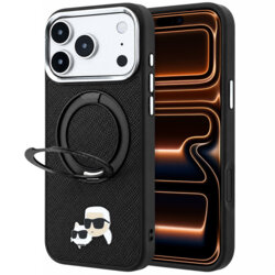 Husa iPhone 17 Pro Max Karl Lagerfeld Leather Ring Stand 360 KC Pin MagSafe, negru, KLHMP18XPSRSKCHK