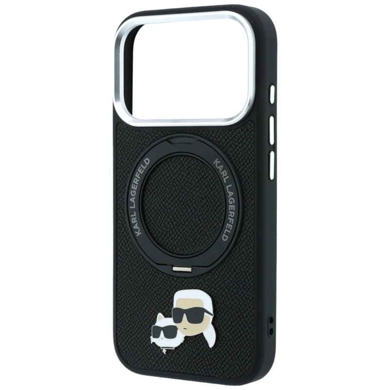 Husa iPhone 17 Pro Max Karl Lagerfeld Leather Ring Stand 360 KC Pin MagSafe, negru, KLHMP18XPSRSKCHK