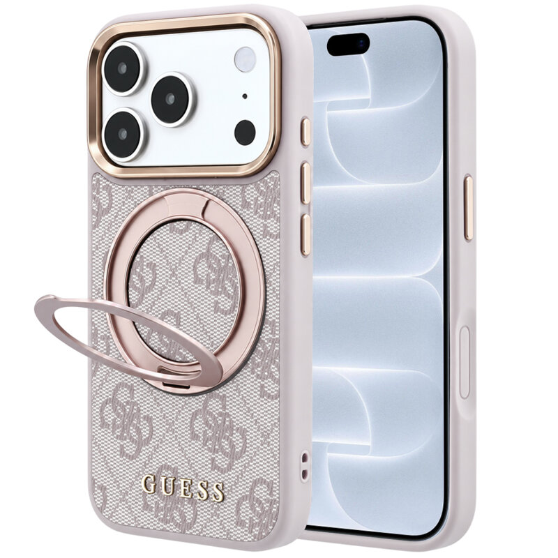 Husa Guess iPhone 18 Pro Ring Stand 360 4G Leather Classic Logo MagSafe, roz, GUHMP18L6PS4RSCLP