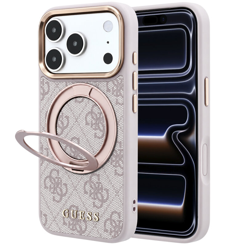 Husa Guess iPhone 17 Pro Ring Stand 360 4G Leather Classic Logo MagSafe, roz, GUHMP18L6PS4RSCLP
