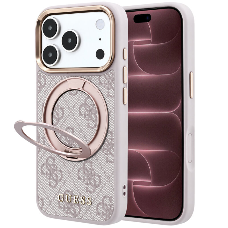 Husa Guess iPhone 18 Pro Max Ring Stand 360 4G Leather Classic Logo MagSafe, roz, GUHMP18X6PS4RSCLP