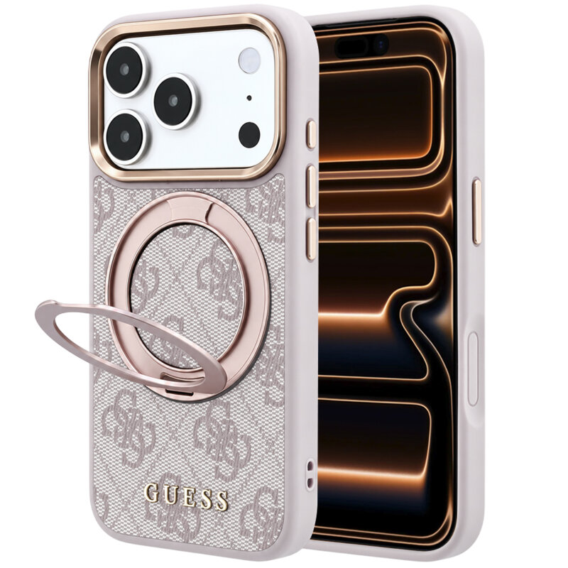 Husa Guess iPhone 17 Pro Max Ring Stand 360 4G Leather Classic Logo MagSafe, roz, GUHMP18X6PS4RSCLP