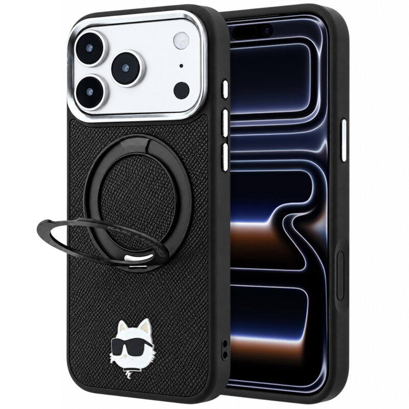 Husa iPhone 17 Pro Karl Lagerfeld Leather Ring Stand 360 C Pin MagSafe, negru, KLHMP18LPSRSCHHK
