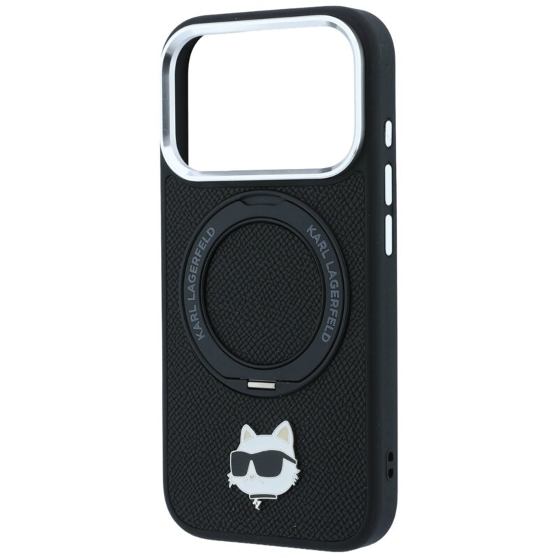 Husa iPhone 17 Pro Karl Lagerfeld Leather Ring Stand 360 C Pin MagSafe, negru, KLHMP18LPSRSCHHK