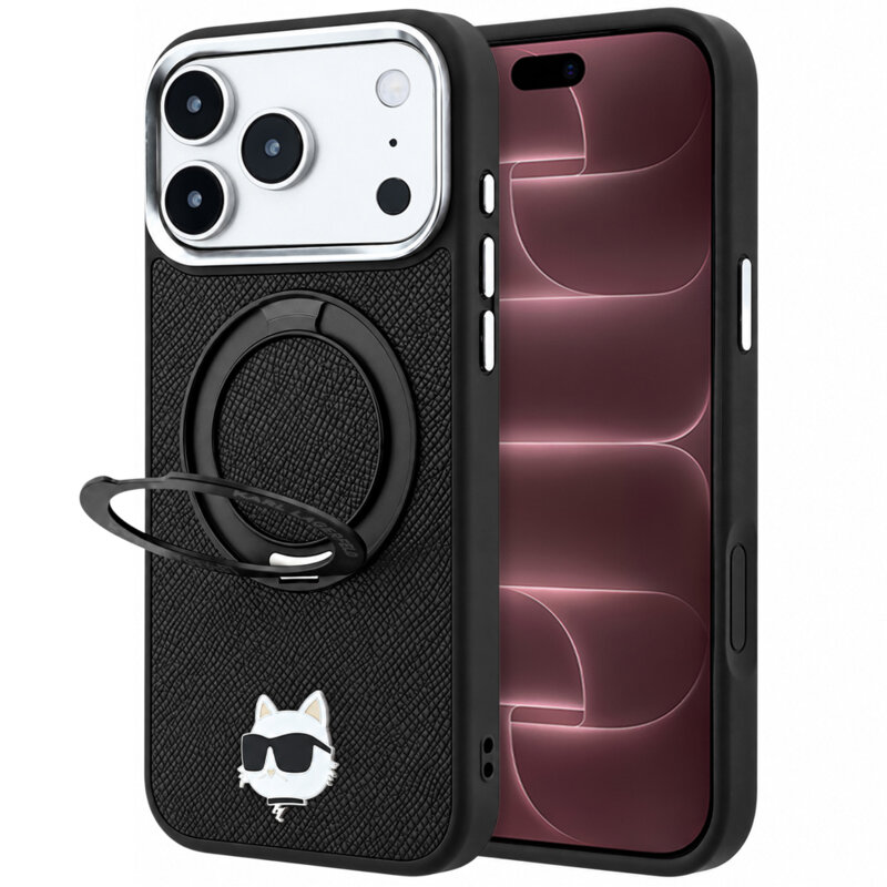 Husa iPhone 18 Pro Max Karl Lagerfeld Leather Ring Stand 360 C Pin MagSafe, negru, KLHMP18XPSRSCHHK