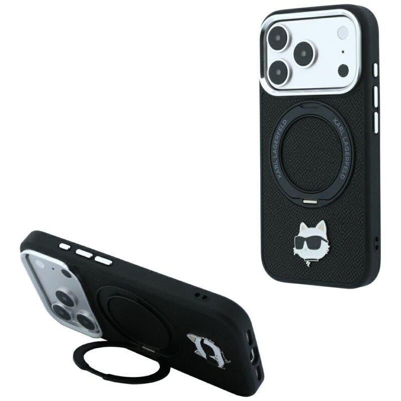 Husa iPhone 18 Pro Max Karl Lagerfeld Leather Ring Stand 360 C Pin MagSafe, negru, KLHMP18XPSRSCHHK