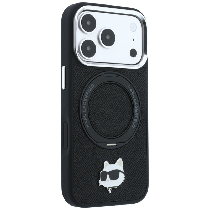 Husa iPhone 18 Pro Max Karl Lagerfeld Leather Ring Stand 360 C Pin MagSafe, negru, KLHMP18XPSRSCHHK