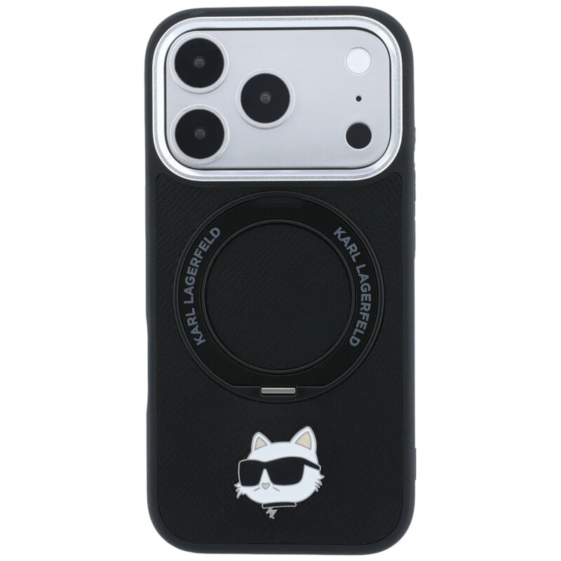 Husa iPhone 18 Pro Max Karl Lagerfeld Leather Ring Stand 360 C Pin MagSafe, negru, KLHMP18XPSRSCHHK