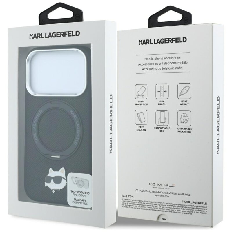 Husa iPhone 18 Pro Max Karl Lagerfeld Leather Ring Stand 360 C Pin MagSafe, negru, KLHMP18XPSRSCHHK