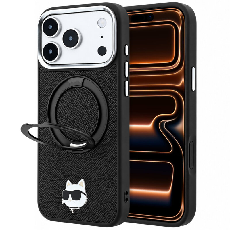 Husa iPhone 17 Pro Max Karl Lagerfeld Leather Ring Stand 360 C Pin MagSafe, negru, KLHMP18XPSRSCHHK