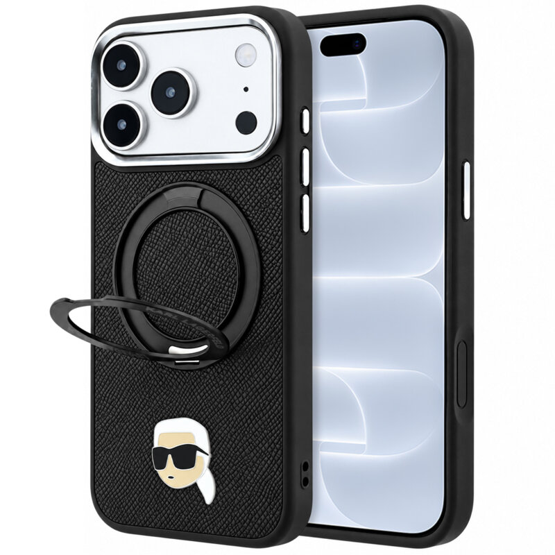 Husa iPhone 18 Pro Karl Lagerfeld Leather Ring Stand 360 K Pin MagSafe, negru, KLHMP18LPSRSKLHK