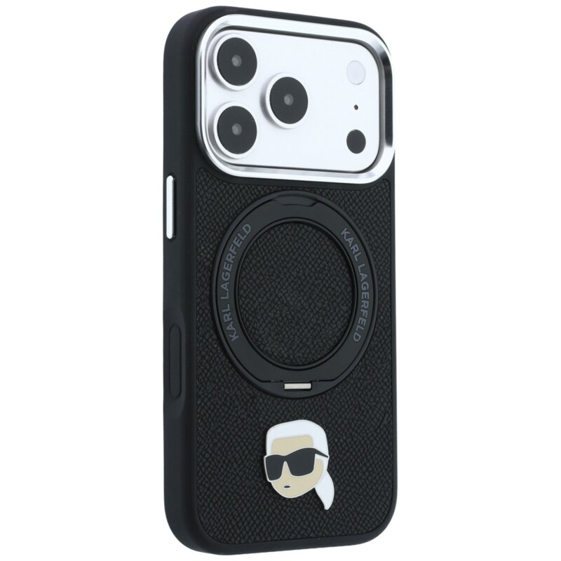 Husa iPhone 17 Pro Karl Lagerfeld Leather Ring Stand 360 K Pin MagSafe, negru, KLHMP18LPSRSKLHK