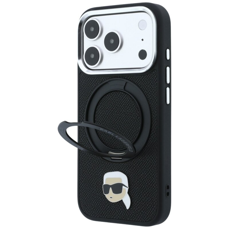 Husa iPhone 17 Pro Karl Lagerfeld Leather Ring Stand 360 K Pin MagSafe, negru, KLHMP18LPSRSKLHK