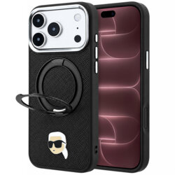 Husa iPhone 18 Pro Max Karl Lagerfeld Leather Ring Stand 360 K Pin MagSafe, negru, KLHMP18XPSRSKLHK