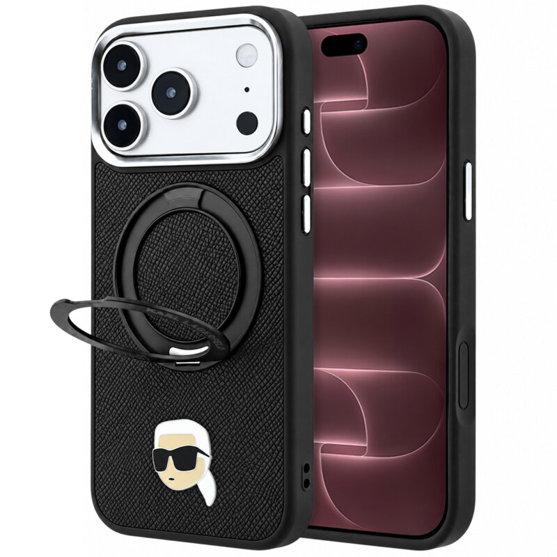 Husa iPhone 18 Pro Max Karl Lagerfeld Leather Ring Stand 360 K Pin MagSafe, negru, KLHMP18XPSRSKLHK