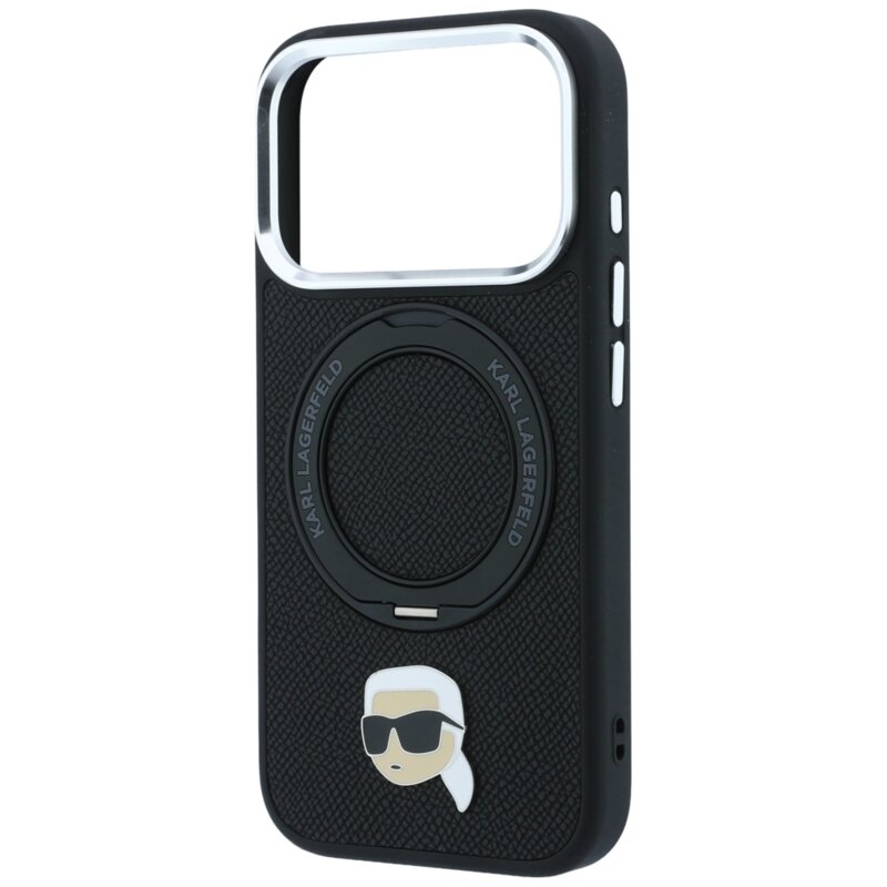 Husa iPhone 18 Pro Max Karl Lagerfeld Leather Ring Stand 360 K Pin MagSafe, negru, KLHMP18XPSRSKLHK