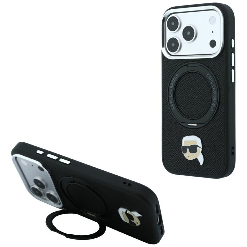 Husa iPhone 17 Pro Max Karl Lagerfeld Leather Ring Stand 360 K Pin MagSafe, negru, KLHMP18XPSRSKLHK