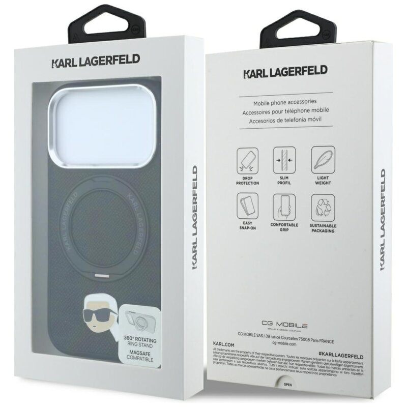 Husa iPhone 17 Pro Max Karl Lagerfeld Leather Ring Stand 360 K Pin MagSafe, negru, KLHMP18XPSRSKLHK
