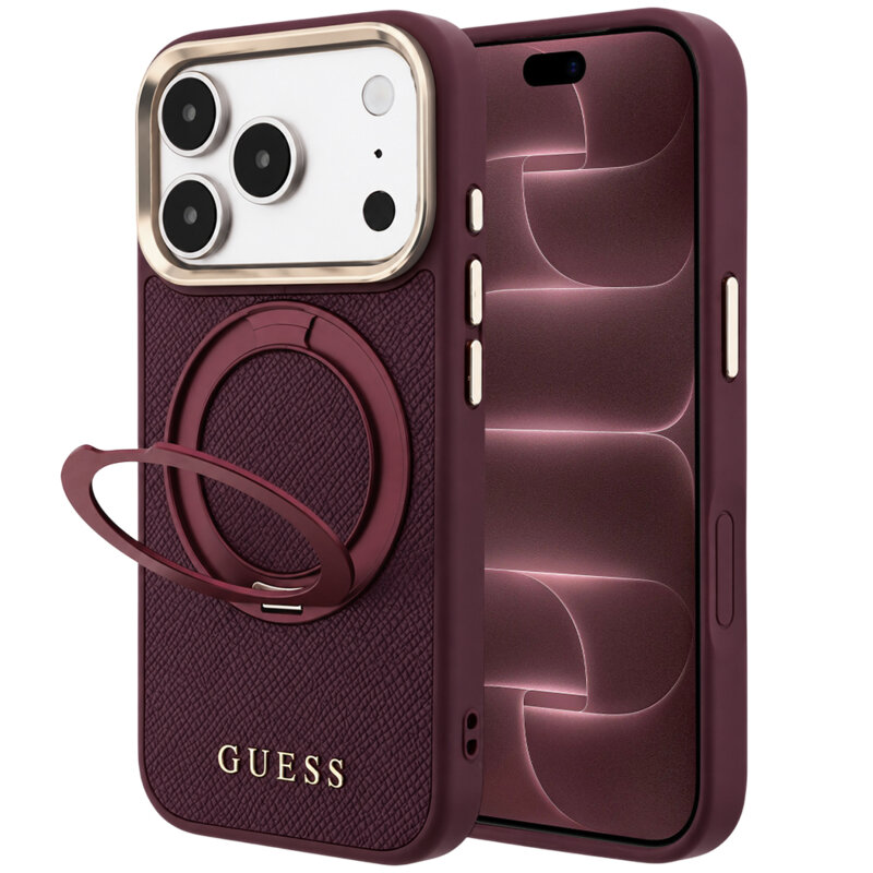 Husa iPhone 18 Pro Max Guess Grained Leather Ring Stand 360 Classic MagSafe, bordo, GUHMP18X6PSGRSCLU