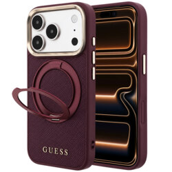Husa iPhone 17 Pro Max Guess Grained Leather Ring Stand 360 Classic MagSafe, bordo, GUHMP18X6PSGRSCLU
