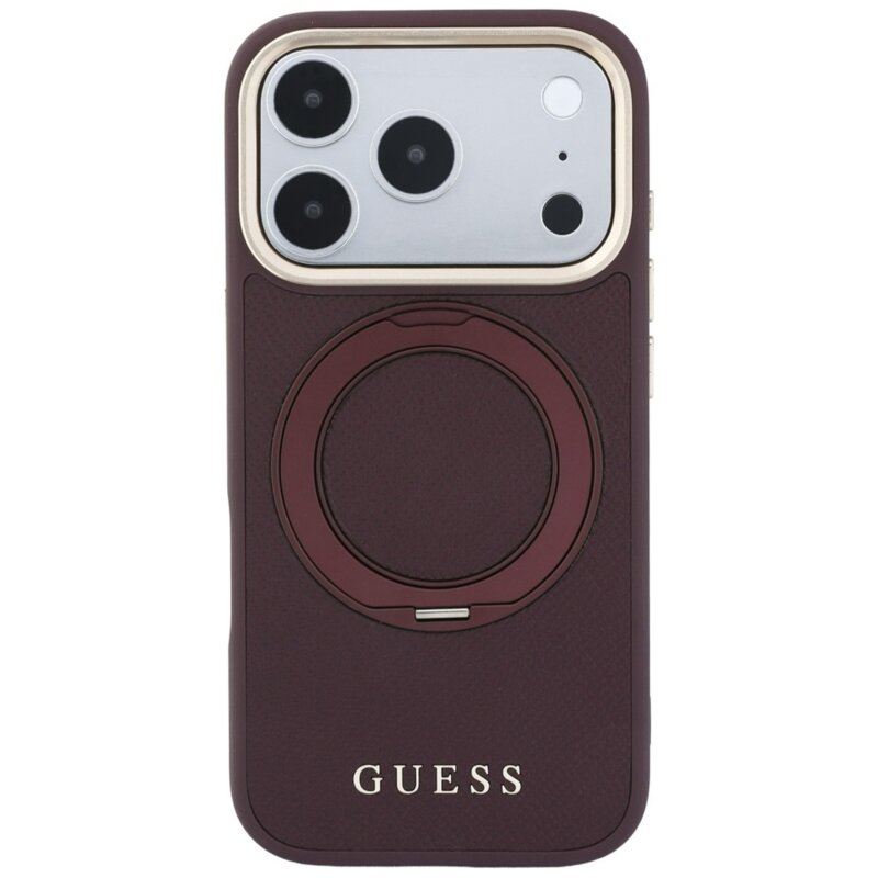 Husa iPhone 17 Pro Max Guess Grained Leather Ring Stand 360 Classic MagSafe, bordo, GUHMP18X6PSGRSCLU