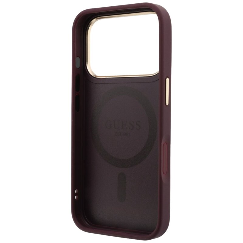 Husa iPhone 17 Pro Max Guess Grained Leather Ring Stand 360 Classic MagSafe, bordo, GUHMP18X6PSGRSCLU