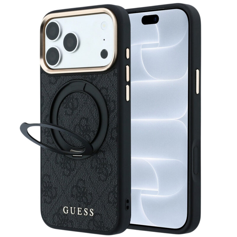 Husa Guess iPhone 18 Pro Ring Stand 360 4G Leather Classic Logo MagSafe, negru, GUHMP18L6PS4RSCLK