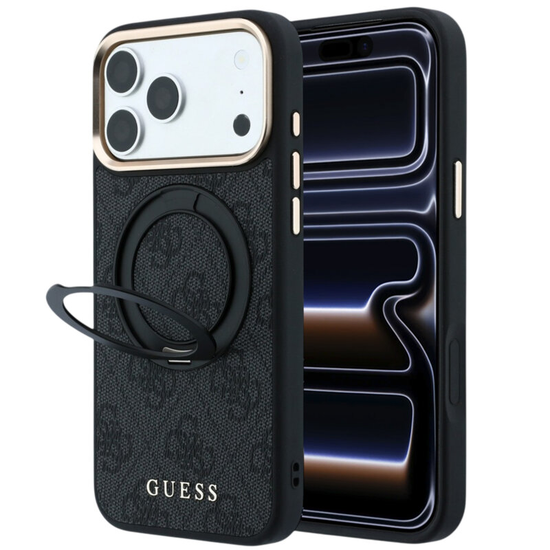 Husa Guess iPhone 17 Pro Ring Stand 360 4G Leather Classic Logo MagSafe, negru, GUHMP18L6PS4RSCLK