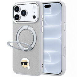 Husa originala iPhone 18 Pro Karl Lagerfeld Leather Ring Stand 360 K Pin MagSafe, gri, KLHMP18LPSRSKLHG