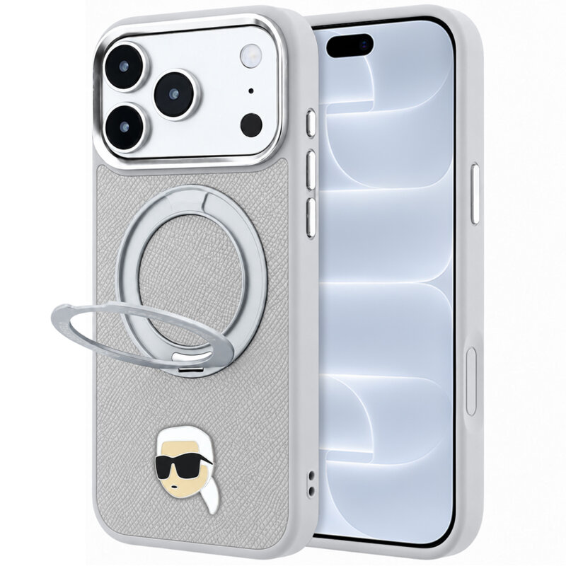 Husa originala iPhone 18 Pro Karl Lagerfeld Leather Ring Stand 360 K Pin MagSafe, gri, KLHMP18LPSRSKLHG