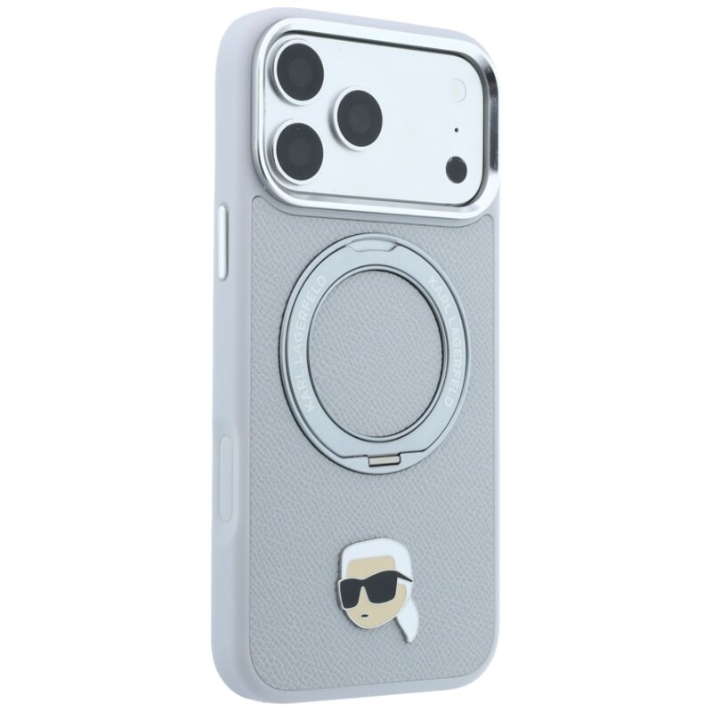 Husa originala iPhone 17 Pro Karl Lagerfeld Leather Ring Stand 360 K Pin MagSafe, gri, KLHMP18LPSRSKLH