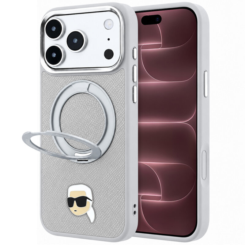 Husa iPhone 18 Pro Max Karl Lagerfeld Leather Ring Stand 360 K Pin MagSafe, gri, KLHMP18XPSRSKLHG