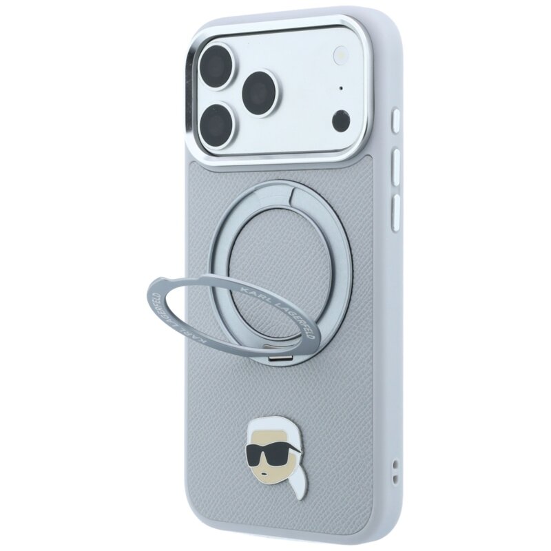 Husa iPhone 18 Pro Max Karl Lagerfeld Leather Ring Stand 360 K Pin MagSafe, gri, KLHMP18XPSRSKLHG