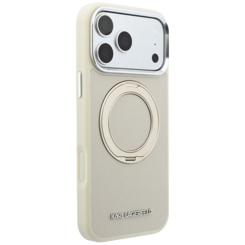 Husa originala iPhone 18 Pro Max Karl Lagerfeld Ring Stand 360 Saffiano MagSafe, bej, KLHMP18X6PSARSKME
