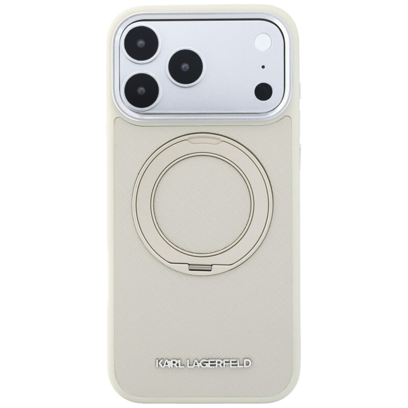 Husa originala iPhone 18 Pro Max Karl Lagerfeld Ring Stand 360 Saffiano MagSafe, bej, KLHMP18X6PSARSKME