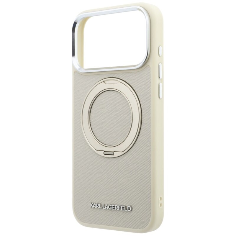 Husa originala iPhone 18 Pro Max Karl Lagerfeld Ring Stand 360 Saffiano MagSafe, bej, KLHMP18X6PSARSKME