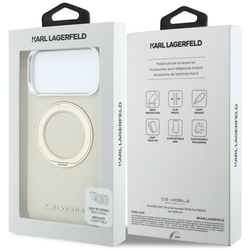 Husa originala iPhone 18 Pro Max Karl Lagerfeld Ring Stand 360 Saffiano MagSafe, bej, KLHMP18X6PSARSKME