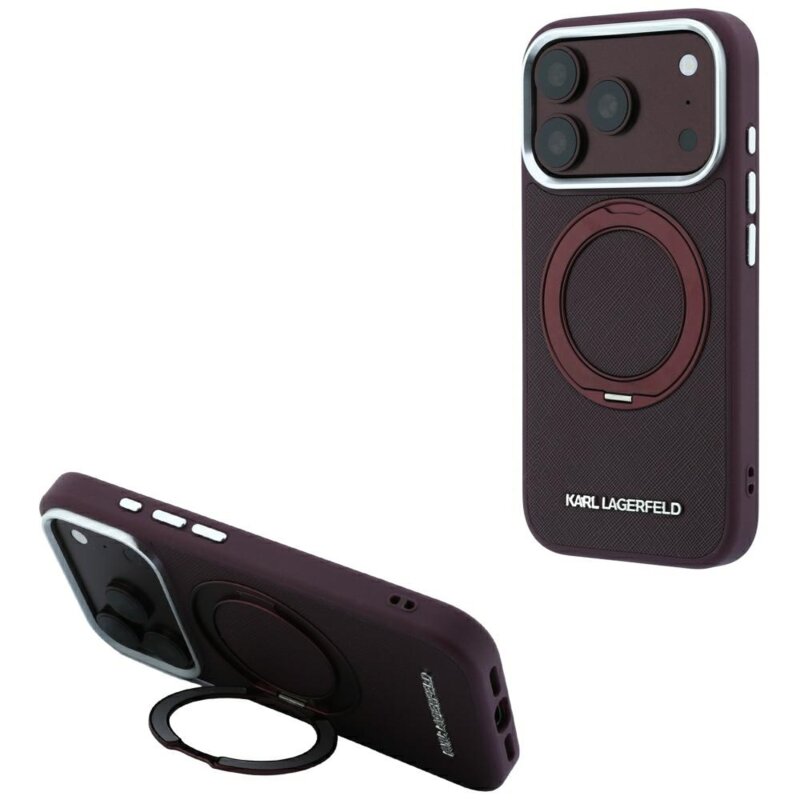 Husa originala iPhone 17 Pro Karl Lagerfeld Ring Stand 360 Saffiano MagSafe, bordo, KLHMP18L6PSARSKMR