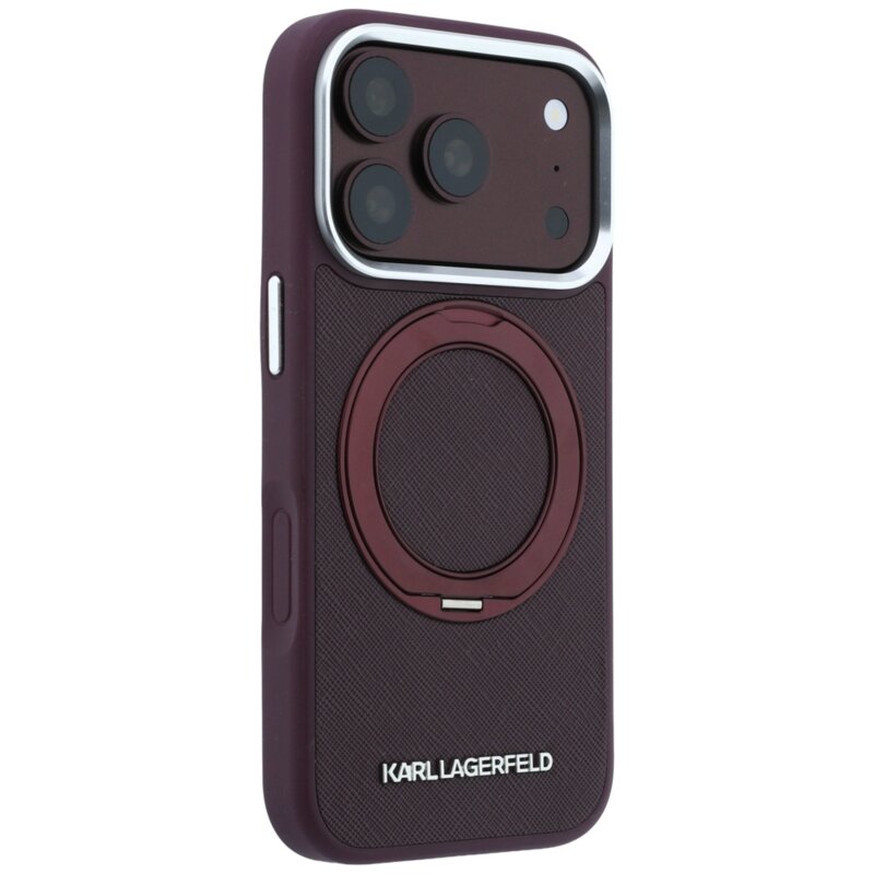 Husa originala iPhone 17 Pro Karl Lagerfeld Ring Stand 360 Saffiano MagSafe, bordo, KLHMP18L6PSARSKMR