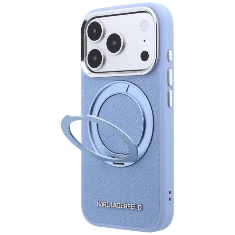 Husa originala iPhone 17 Pro Max Karl Lagerfeld Ring Stand 360 Saffiano MagSafe, bleu, KLHMP18X6PSARSKMB