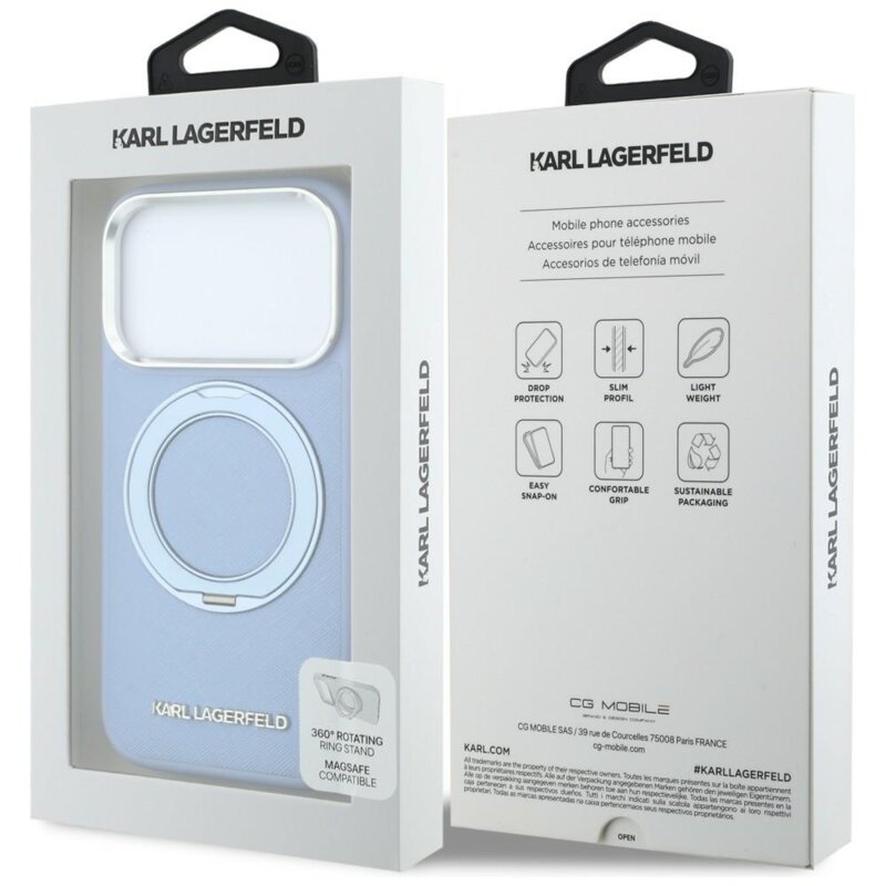 Husa originala iPhone 17 Pro Max Karl Lagerfeld Ring Stand 360 Saffiano MagSafe, bleu, KLHMP18X6PSARSKMB